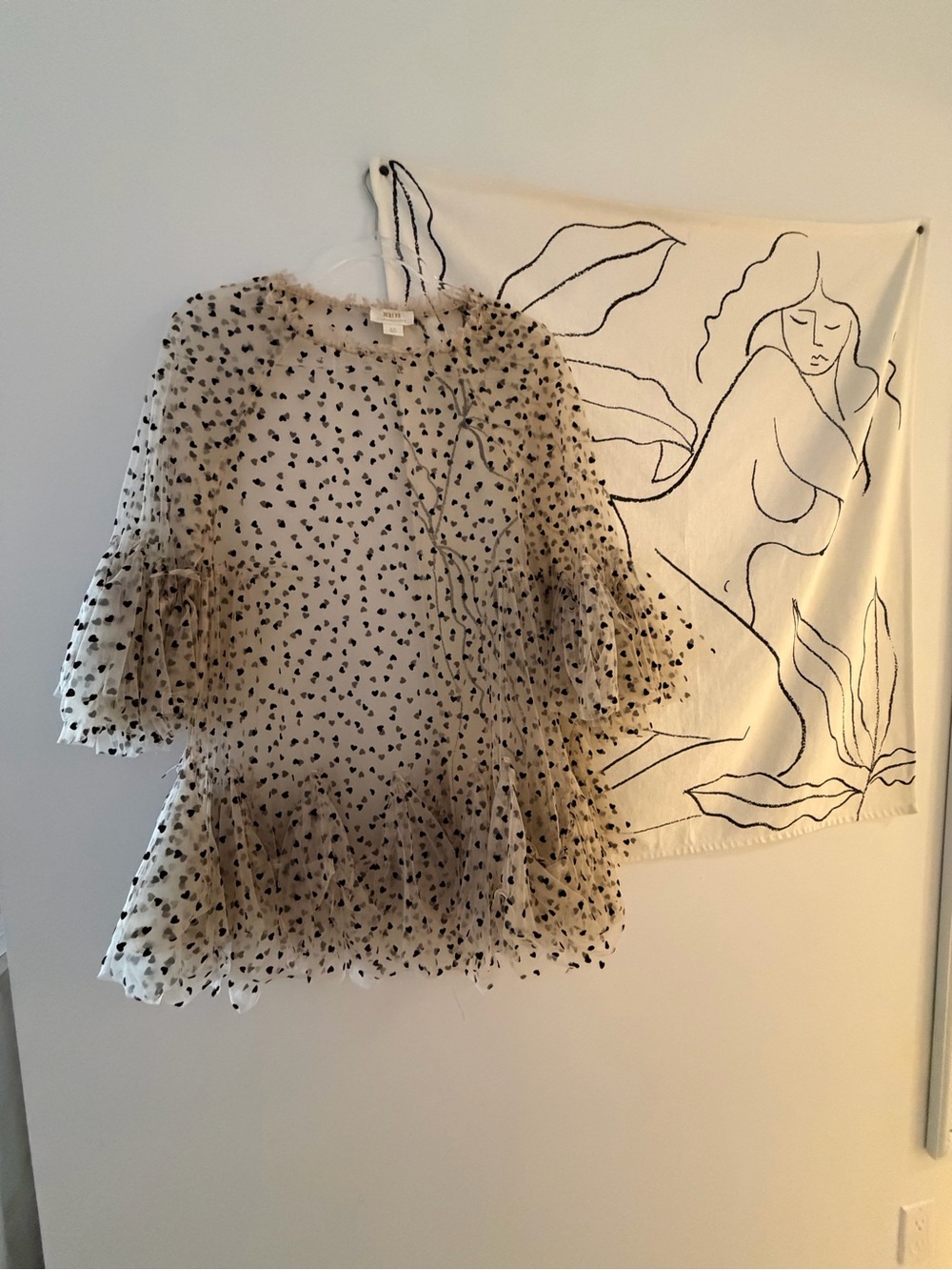 Maeve Black Heart Print Ruffle Sheer Blouse - Cream